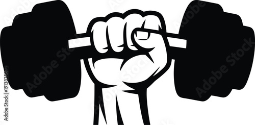 Strongly clenched fist holding a heavy dumbbell up in a triumphant gesture signifying strength and fitness