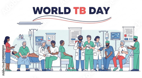 World tb day hospital scene with diverse medical staff and patients in a ward setting