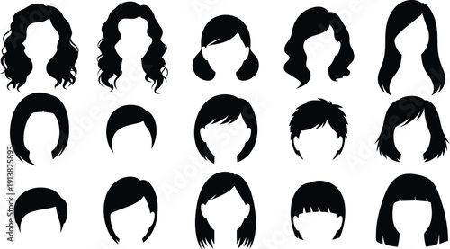 Collection of diverse black silhouette hairstyles for women and men isolated on a white background graphic resource