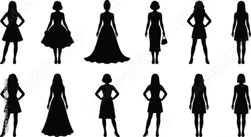 Elegant female silhouettes collection, fashion women poses set, stylish dress figures, beauty lifestyle concept, modern character design, flat vector illustration