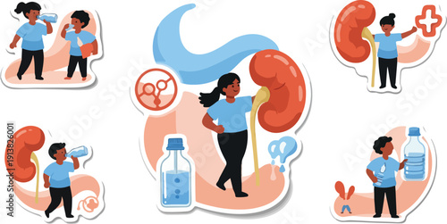 World Kidney Day Illustration Set with Characters Drinking Water for Renal Health and Nephrology Awareness