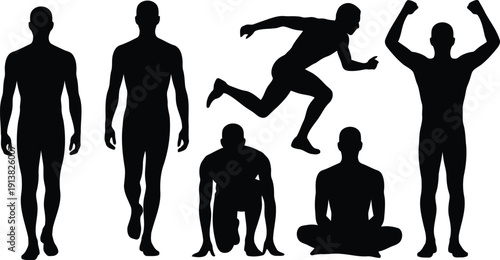 Diverse black male silhouettes illustrating various human body positions, including athletic stances and relaxed poses