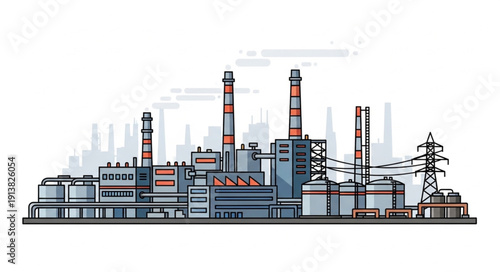 Industrial Power Plant with Smokestacks and Cooling Towers.