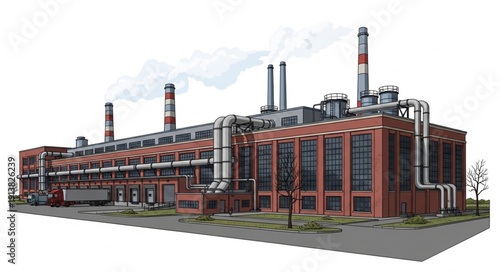 Industrial Power Plant Building with Smoking Chimneys.