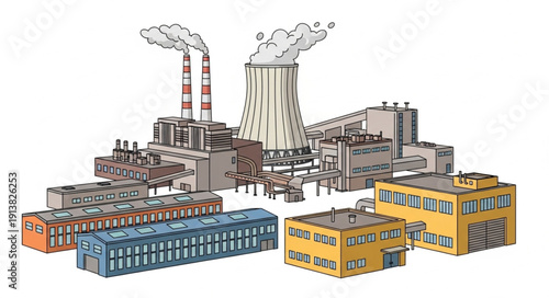 Industrial power plant complex with cooling tower and factory buildings.