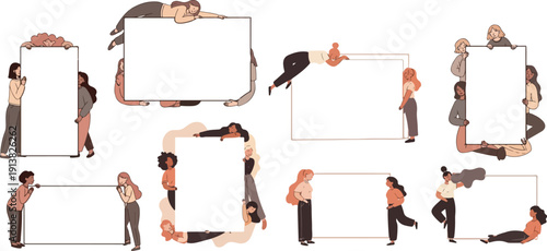 International Women's Day Illustration Set, Diverse Women Holding Empty Blank Signs and Message Boards, Empowerment and Feminism Concept, Flat Vector Characters Isolated
