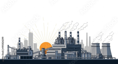 Industrial power plant complex with cooling towers and smokestacks emitting steam.