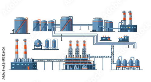 Industrial power plant complex with multiple structures and pipelines.