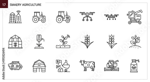 Smart agriculture linear icons set representing modern farming, precision farming and smart farm technology