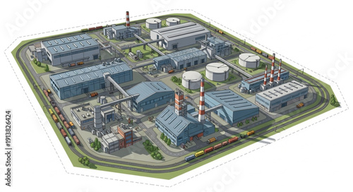 Industrial power plant complex with multiple buildings and infrastructure.