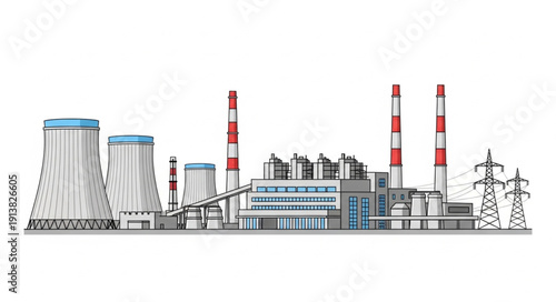 Industrial Power Plant with Cooling Towers and Chimneys.