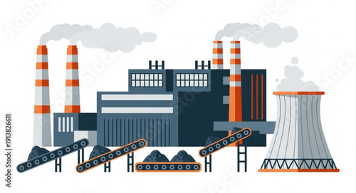 Industrial Power Plant with Cooling Tower and Smokestacks.