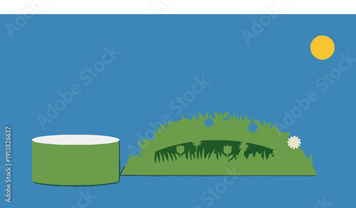 Minimal Paper Cut Hello Spring Scene with Flower Meadow Butterflies and Green Cylinder Podium Vector