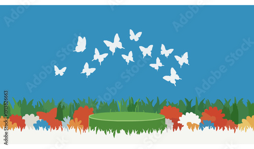 Decorative Paper Cut Blue Sky Spring Flowers with Butterfly Flock and Green Podium Hello Spring Vector