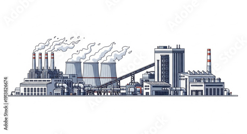 Industrial Power Plant with Cooling Towers and Smoke Stacks.