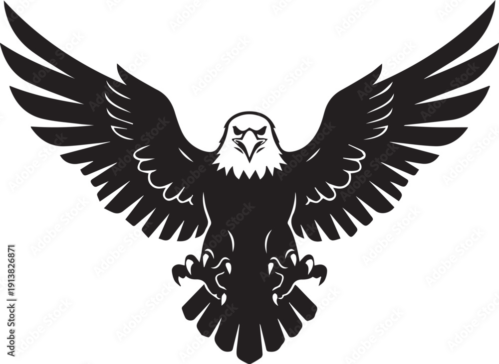 Fototapeta premium Black silhouette of a powerful eagle with spread wings on transparent background
