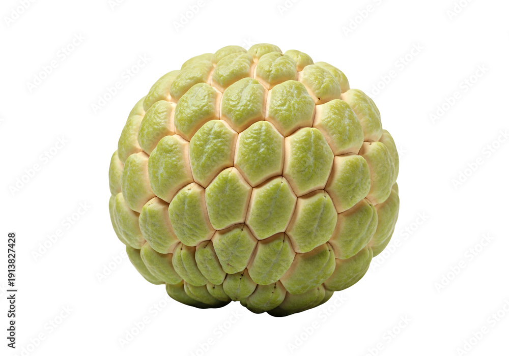 Obraz premium A single sugar apple fruit with a green scaly surface on a white background. isolated on transparent background
