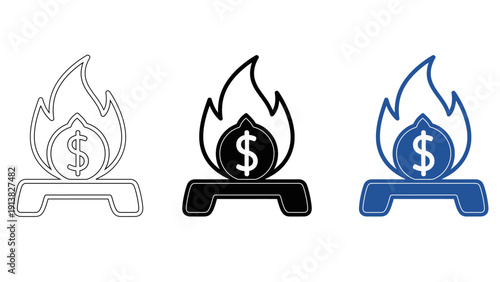 Inflation and Economic Crisis Icon Set – Burning Dollar Coin on Stove for Rising Costs, Financial Loss, and High Energy Prices in Three Vector Styles