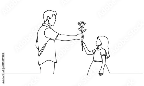 A man giving a flower to a little girl in a simple line drawing