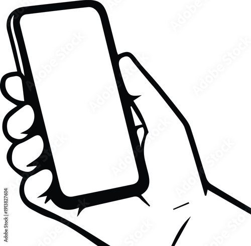 Hand Holding Smartphone Line Art Vector Illustration – Minimal Black and White Mobile Mockup Icon
