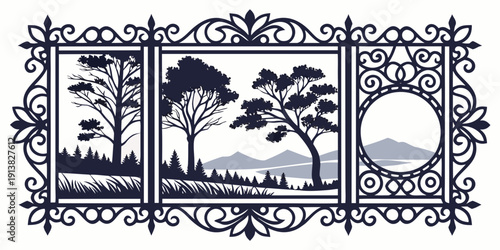 A serene landscape with a tree, a building, and a crescent moon framed in an ornate border