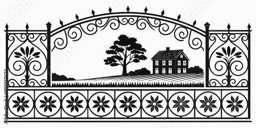 A detailed black and white illustration of a wrought iron gate with a scenic landscape