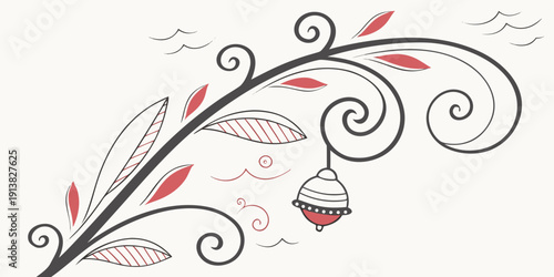 Intricate black and white floral design with red accents and a bell