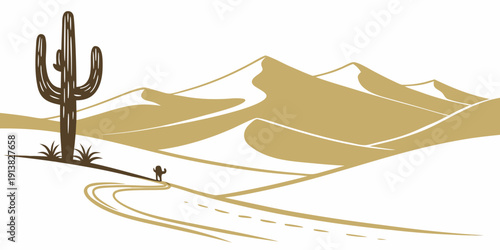 A lone cactus stands tall in the vast, undulating desert landscape under a clear sky