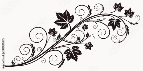 Intricate black and white vine with leaves and swirls design