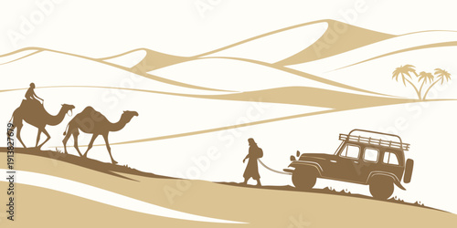 A journey through the vast desert with camels and a vintage off-road vehicle