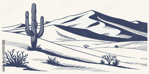 A lone cactus stands tall in a vast desert landscape with rolling sand dunes