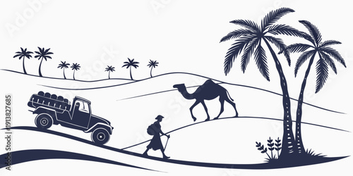 A serene desert landscape with camels and a horse-drawn carriage under palm trees