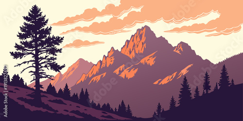 Majestic mountains at sunset with a serene forest in the foreground