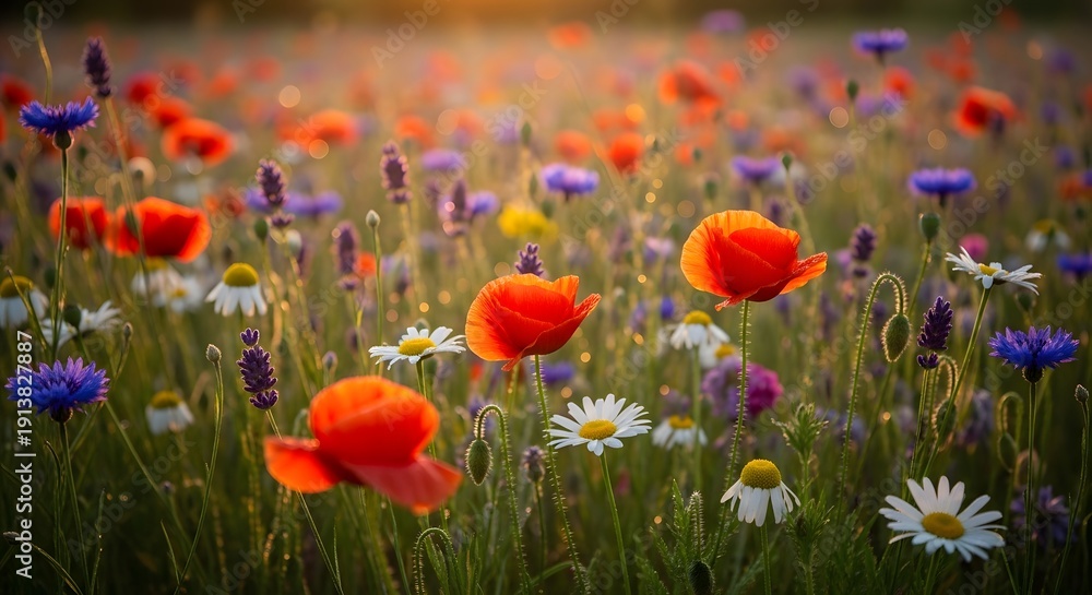 Obraz premium A beautiful and vibrant meadow filled with a variety of colorful wildflowers including red poppies, white daisies, and blue cornflowers, bathed in warm golden sunlight.