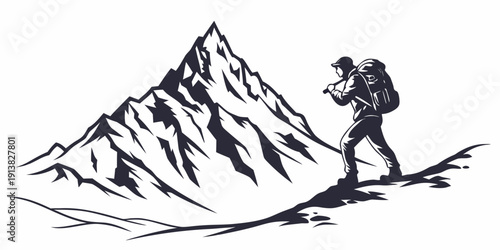 A lone hiker ascends a steep mountain trail with a backpack and trekking poles