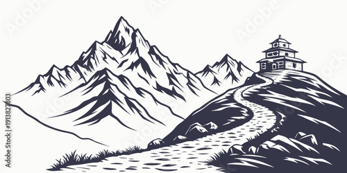 Majestic mountain peaks towering over a winding road in a serene landscape