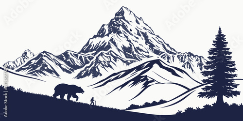 A majestic mountain landscape with a lone bear in the foreground