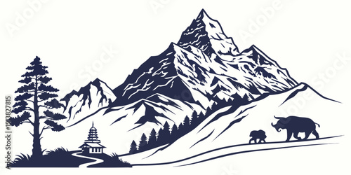 A serene mountain landscape with a horse-drawn carriage on a winding path.