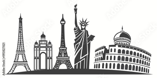 Iconic landmarks from around the world depicted in a simple black and white illustration