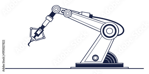 A detailed illustration of an industrial robotic arm with a gripper attachment