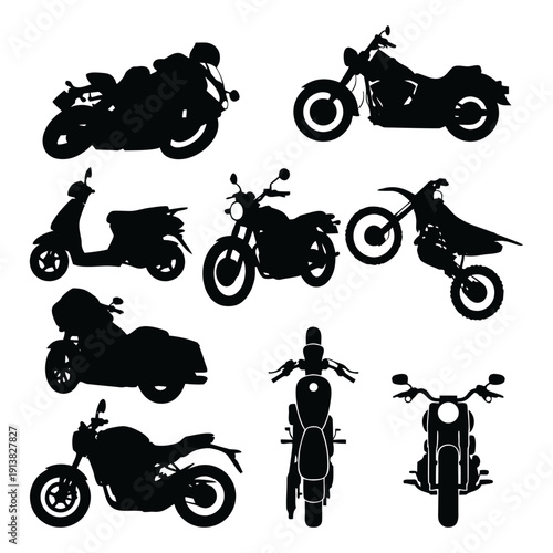 Collection of motocycle silhouettes in various positions, showcasing different motocycle types and angles