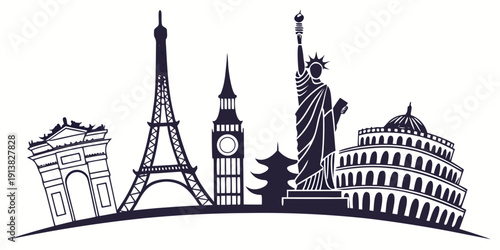 Iconic landmarks from around the world depicted in a simple line art style