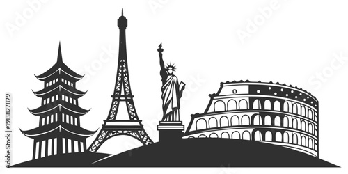 Iconic landmarks from around the world depicted in a minimalist black and white style