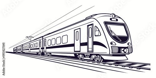 Modern train traveling on a railway track through a scenic landscape