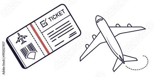A detailed illustration of an airplane and a ticket, symbolizing travel and adventure.