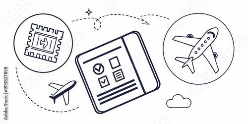 Airline ticket booking process with digital devices and airplanes.