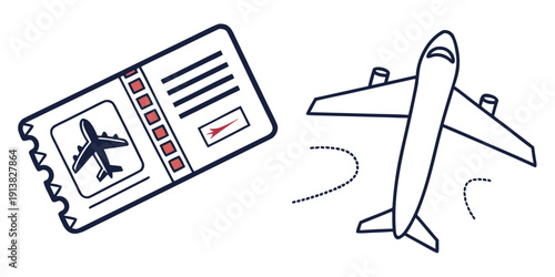 Illustration of a boarding pass and an airplane with a dotted path.