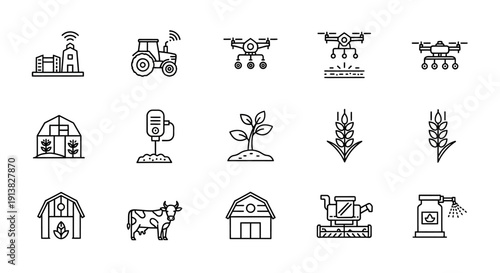 Smart farming line icons with plants, drones and tractors for modern agriculture concepts