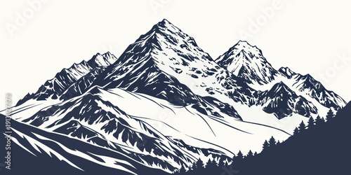 Majestic snow-covered mountain peaks under a dark blue sky.