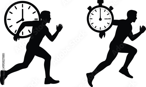 Dynamic black silhouettes of runners illustrating time pressure with a wall clock and stopwatch on white
